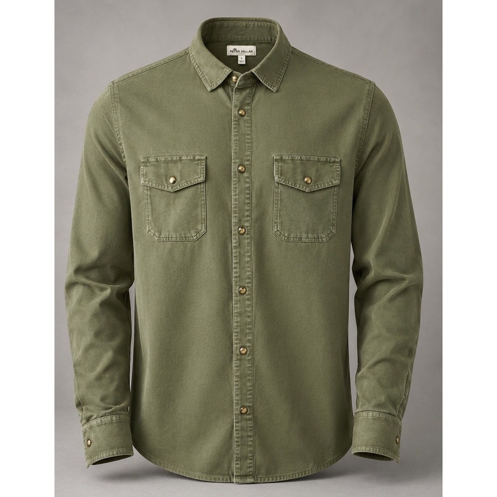 Peter Millar Shirt Jacket Mens L Pima Cotton Stretch Olive Pearl Snap Casual